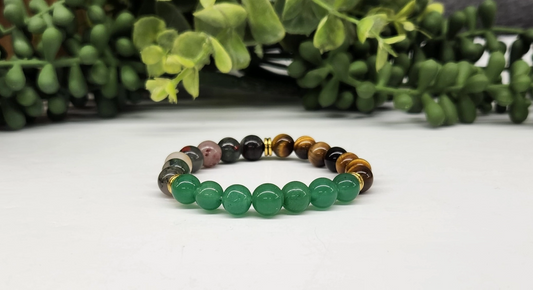 Abundance - Green Jade, Yellow Tiger Eye, and Bloodstone Stretchable Gemstone Bracelet